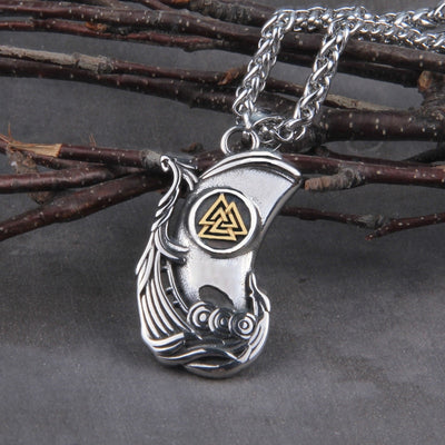 VIKING DRAGON LONGBOAT VALKNUT PENDANT- STAINLESS STEEL - Forged in Valhalla