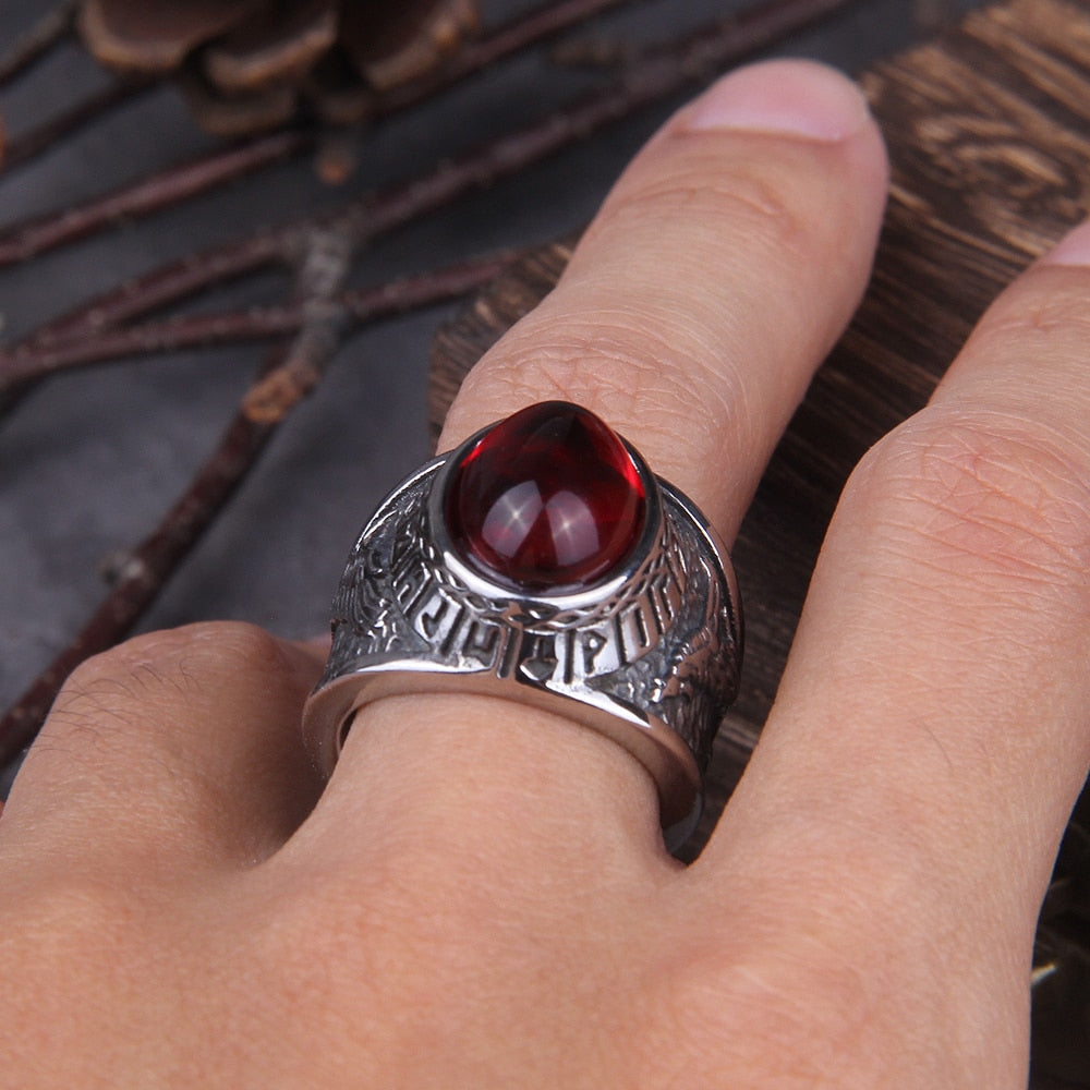 RED STONE WOLF RING - STAINLESS STEEL