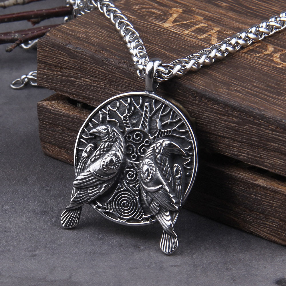 HUGINN & MUNINN ON YGGDRASIL PENDANT- STAINLESS STEEL - Forged in Valhalla