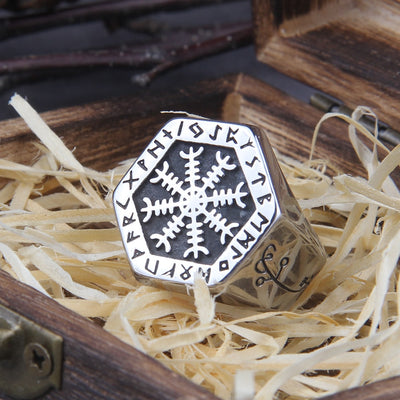 VEGVISIR RING WITH NORDIC SYMBOLS - STAINLESS STEEL
