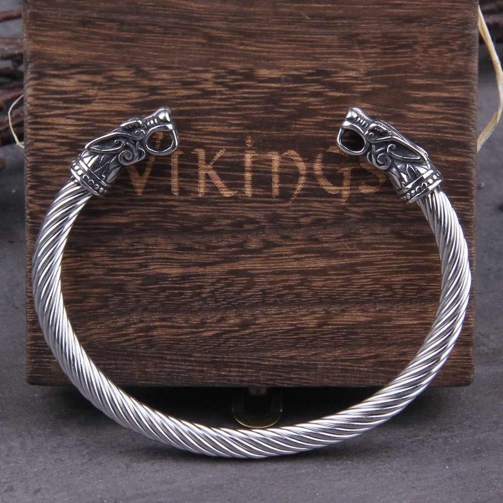 GEKI AND FREKI WOLF HEAD TORC BRACELET - STAINLESS STEEL