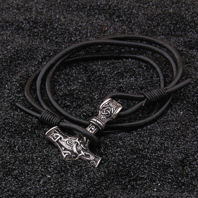 THOR'S HAMMER LEATHER ROPE BRACELET - STAINLESS STEEL - Forged in Valhalla