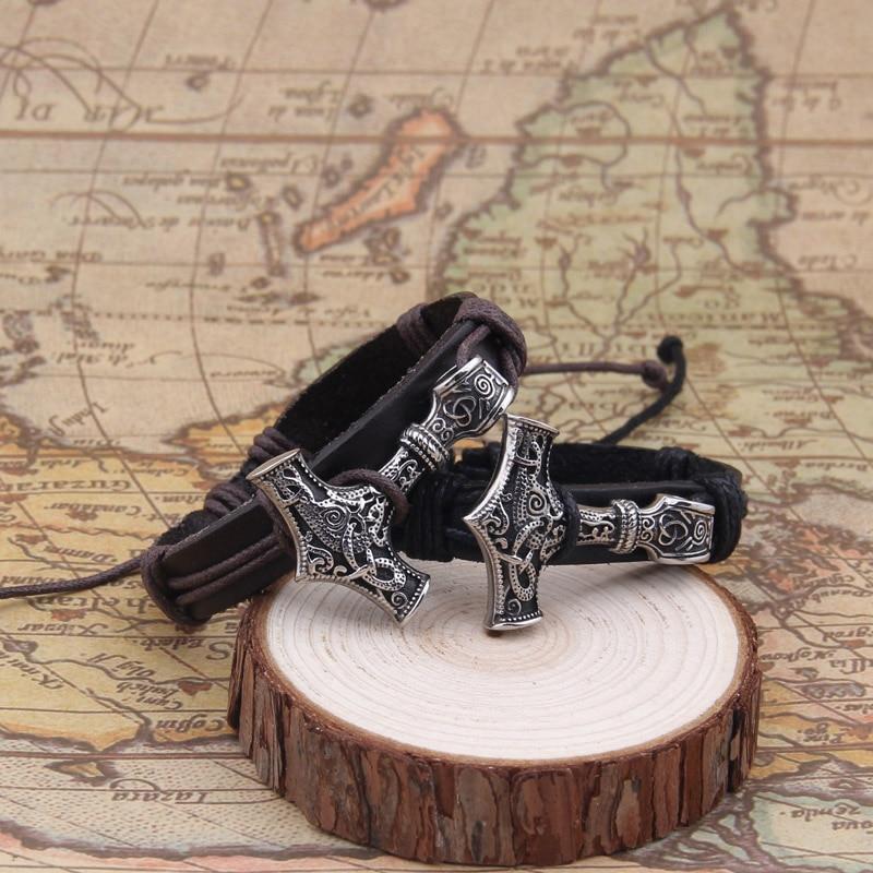 THOR'S HAMMER LEATHER STRAP BRACELET - STAINLESS STEEL - Forged in Valhalla
