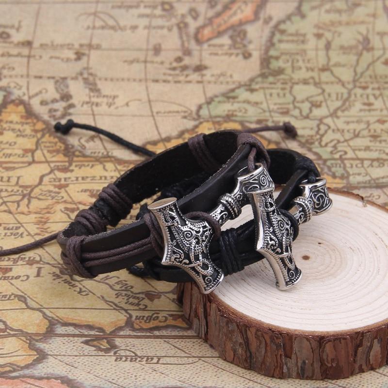 THOR'S HAMMER LEATHER STRAP BRACELET - STAINLESS STEEL - Forged in Valhalla