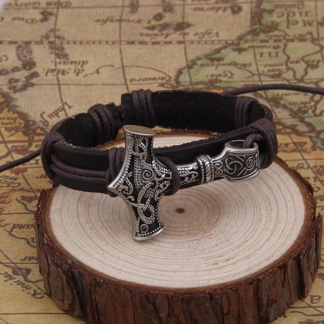 THOR'S HAMMER LEATHER STRAP BRACELET - STAINLESS STEEL - Forged in Valhalla