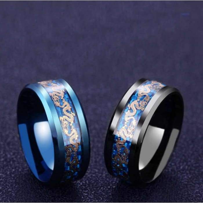 Stainless Steel Double Chinese Blue & Black Dragon Ring - Forged in Valhalla