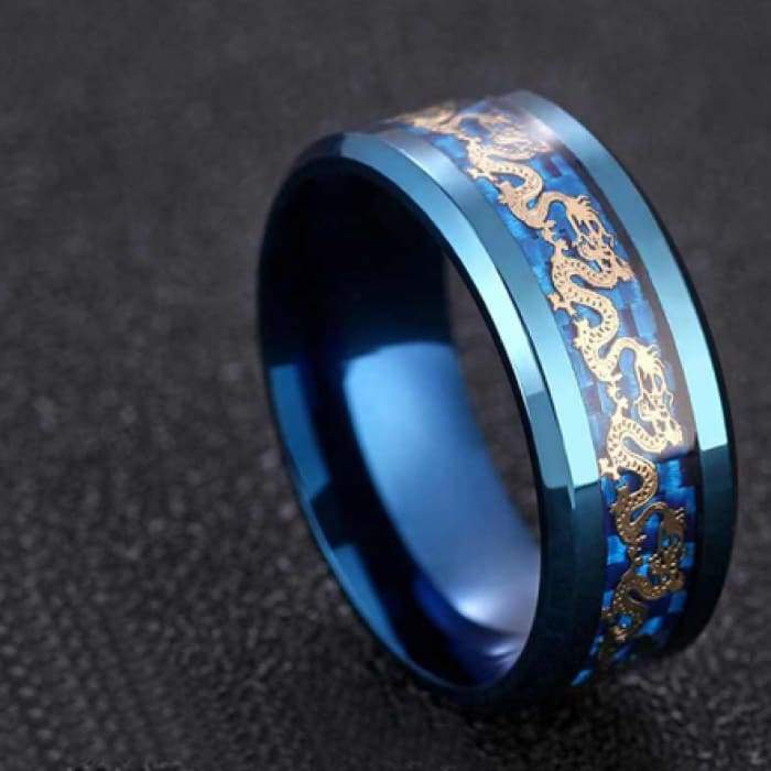 Stainless Steel Double Chinese Blue & Black Dragon Ring - Forged in Valhalla