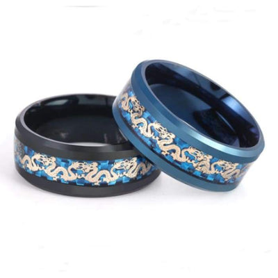 Stainless Steel Double Chinese Blue & Black Dragon Ring - Forged in Valhalla